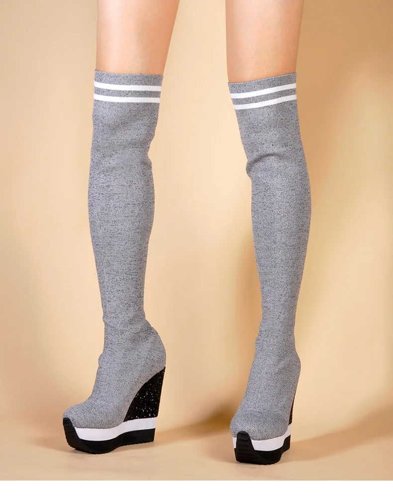 Весенне-Осенняя обувь; женские Сапоги выше колена; пикантные сапоги на танкетке; стелька из эластичной ткани; сапоги для школьниц и женщин; вязаные сапоги