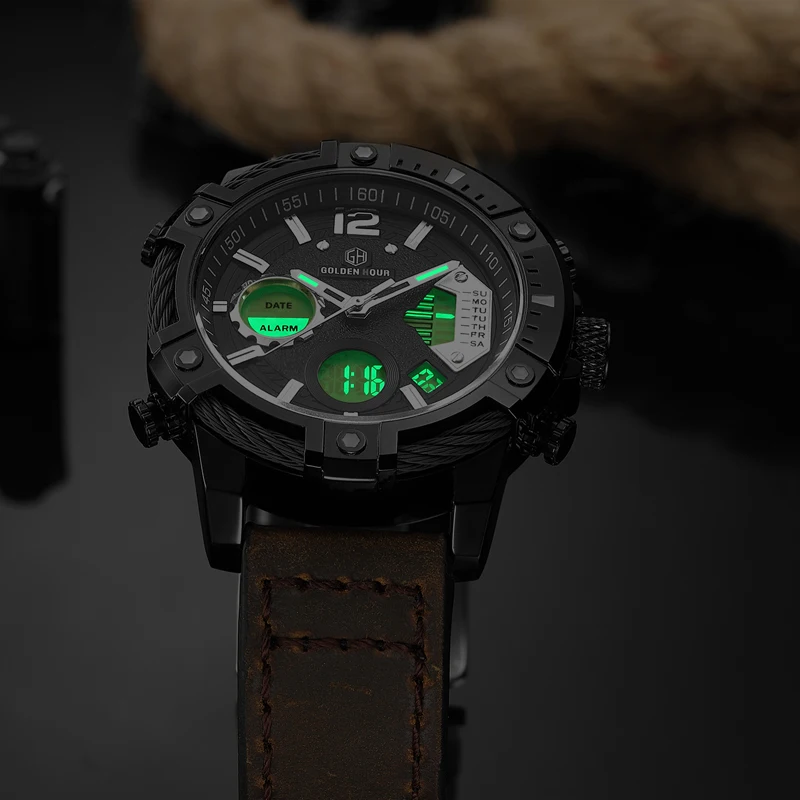 Топ бренд GOLDENHOUR натуральная кожа мужские кварцевые часы спортивные военные часы водонепроницаемые будильник мужские наручные часы Relogio Masculino