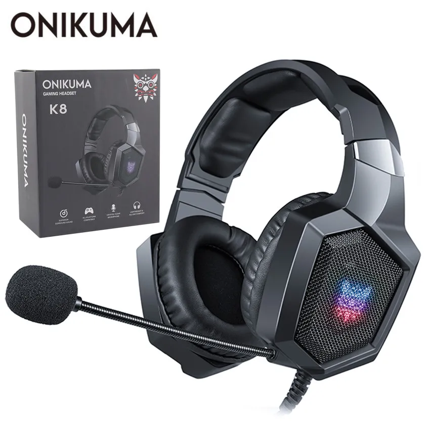 ONIKUMA K8 casque PS4 Gaming Headset PC Stereo Earphones Headphones with Microphone LED Lights for Laptop Tablet/New Xbox One - Цвет: Black with RetailBox