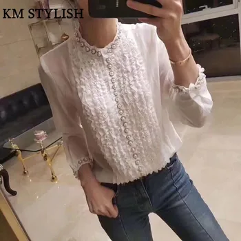 

2018 Formal Early Spring Fashion O-neck Multi-lotus leaf pearl beads decorated Luxury OL Shirt Black , White color