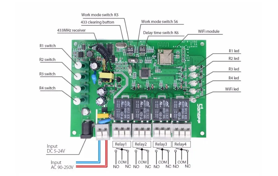 Интеллектуальный выключатель света Sonoff 4CH Pro R2 Смарт Wi-Fi выключатель света 4 Gang 3 режима работы толчковой самоблокирующиеся RF/переключатель Wi-Fi работает с Amazon Alexa