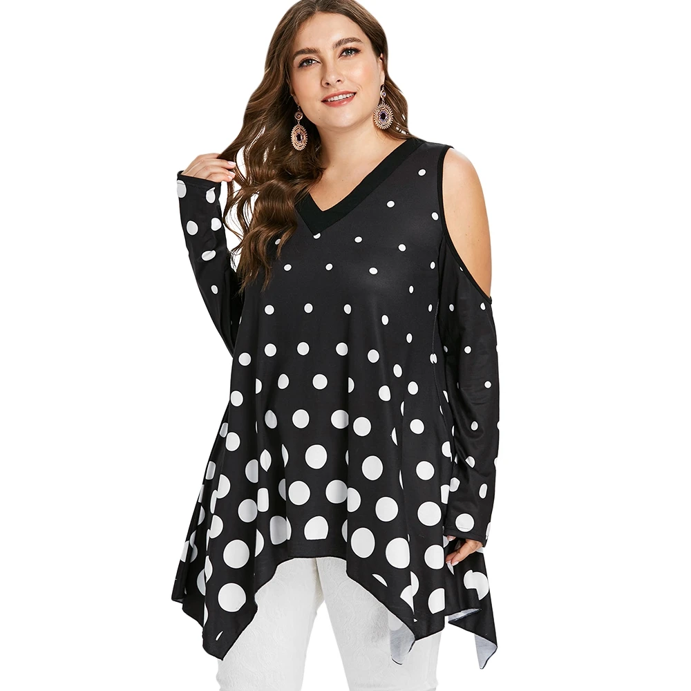 5XL Plus Size V Neck Cold Shoulder Polka Dot T shirt Women Casual Full ...