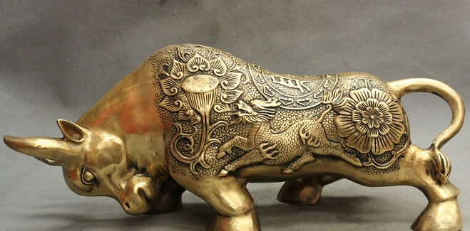 

wholesale factory 18" Folk FengShui Chinese Brass Wealth Carved Dragon Kylin Cai Bull Ox Statue