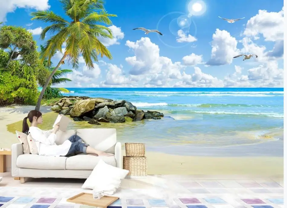 

Seascape coconut tree beach HD landscape painting living room TV background wall modern living room wallpapers