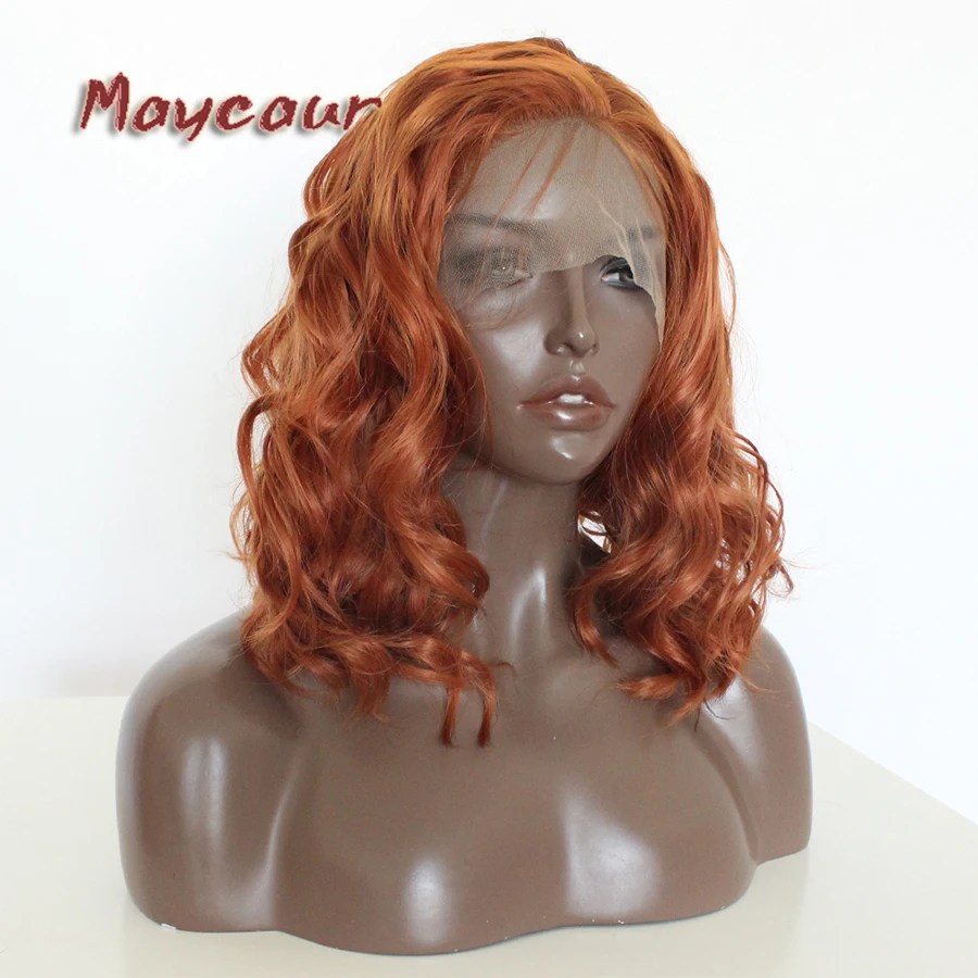 

Maycaur Fiber Hair Orange Color Synthetic Lace Front Wigs Short Bob Deep Curly Wigs Heat Resistant With Baby Hair For Women