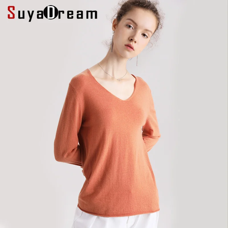 

Women Wool Pullovers 100%Wool V neck Long Sleeved Solid Sweater 2019 Fall Winter Bottomting Wool Sweaters