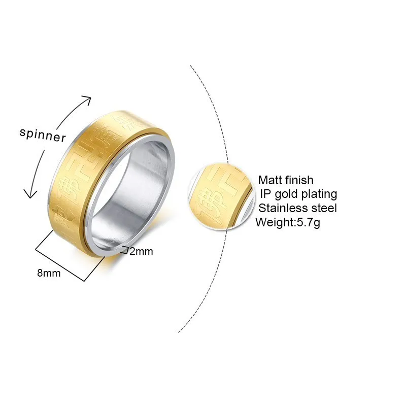 8 мм Спиннер мужское кольцо с гравировкой буддийские Писания нержавеющая сталь молитва мужские ювелирные изделия