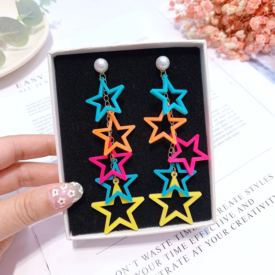 

Korea Cute Stars Kawaii Yakeli Earrings Color Five-pointed Star Crystal Tassel Earrings Women Fashion Jewelry Accessories Gift