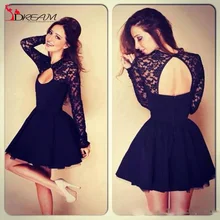 Sexy Black Lace Long Sleeves Gothic Cocktail Kleider High Neck Keyhole Zurück Mini Prom Kleider Cocktailkleider Kurz