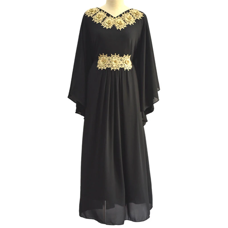 Малайзия Большие размеры XL-7XL мусульманское платье-Абая Дубай Vestidos турецкая исламская шифоновая Одежда Женская Аппликация рукав «летучая мышь» abaya s - Цвет: Black