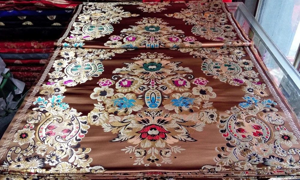 

chinese traditional 75CM Polyester fabric silk brocade Copper color back with big Positioned red gold green blue white pattern