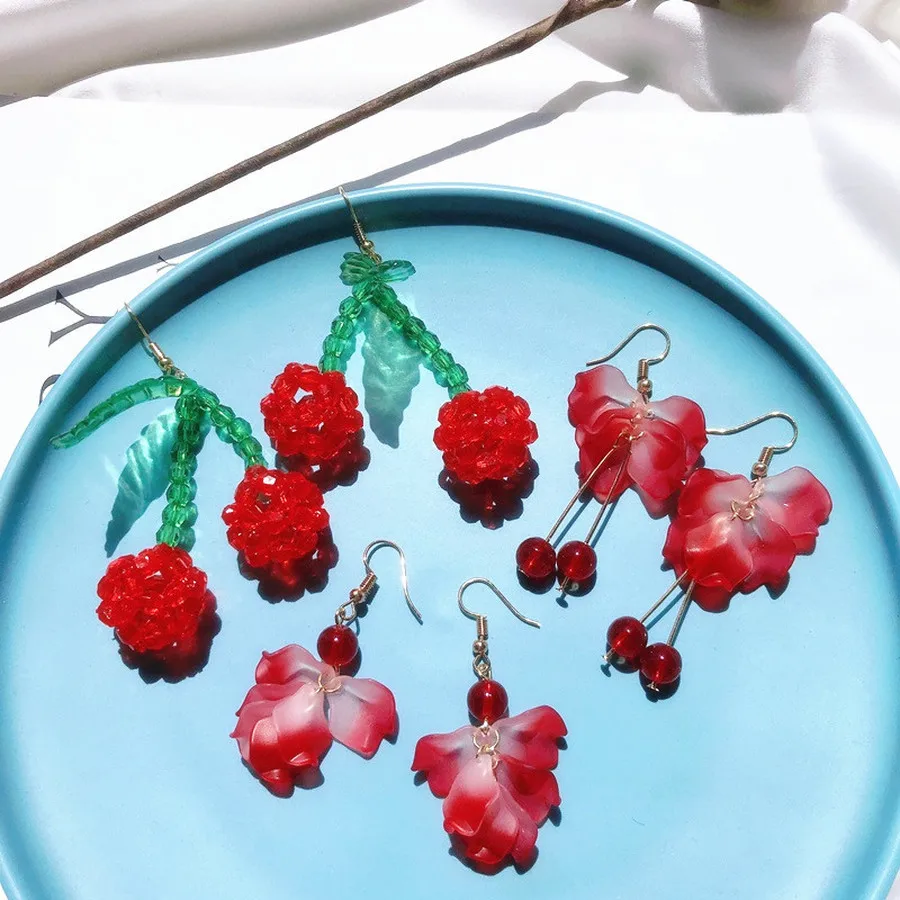 

Korean ear hook sweet cherry earrings Handmade Beaded Vintage Crystal Cute Petite Earrings Women Fashion Jewelry Accessories