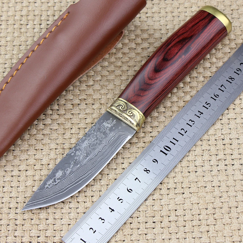 Jeeppign Handmade Damascus Knife Redwood Handle 59hrc Fixed Blade
