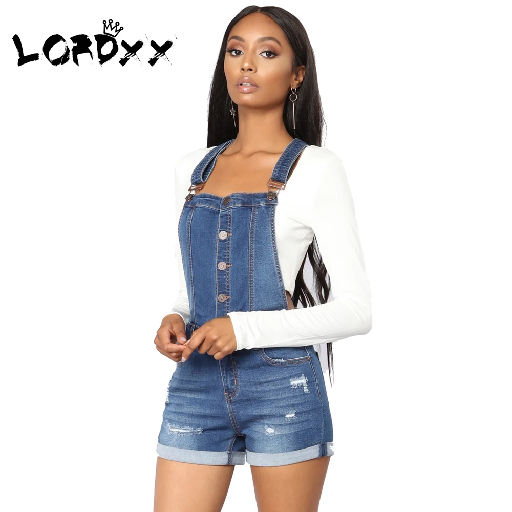 LORDXX Women Denim Overalls Shorts Blue Roll-up Cuffs Button Down ...