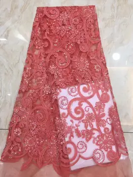 

Sequined Indian Lace Fabric 2019 Red Nigeria Mesh Voile Net Tulle Guipure Lace African Women Evening Dress Sequins Fabric(7-19
