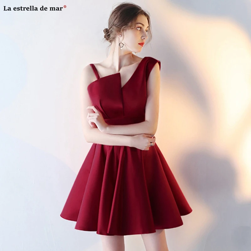 

wedding guest dress new satin sexy V neck A line burgundy bridesmaid dresses short robe demoiselle d'honneur