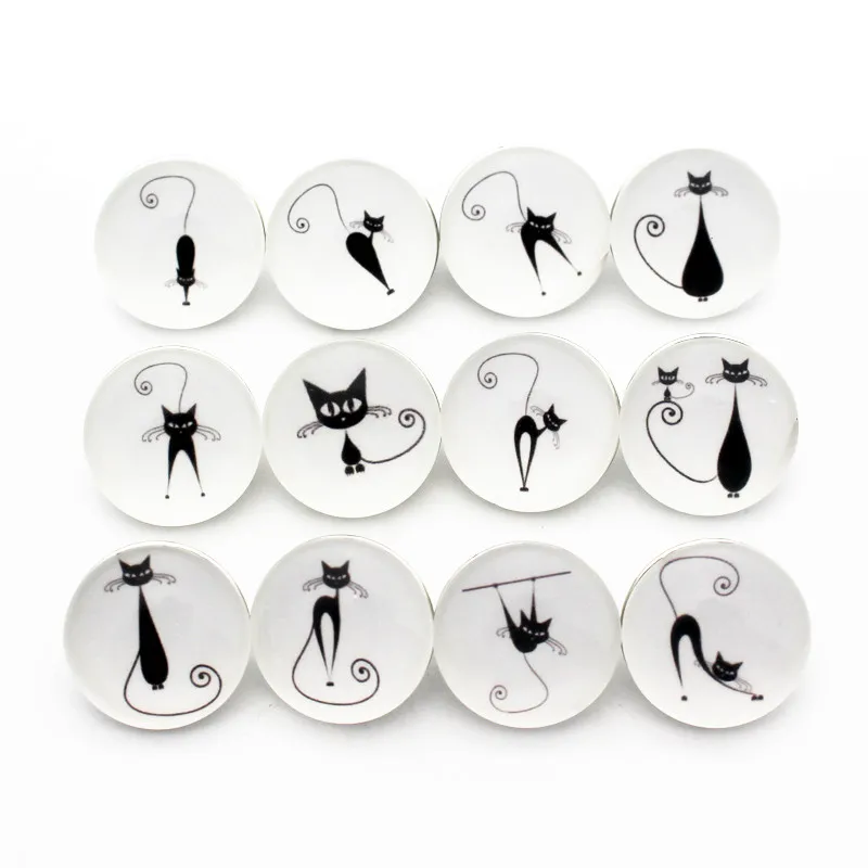 

12pcs/lot black cartoon cat 18mm Substitutable Glass woman Snap Buttons Charms Fit Snap Bracelet/Pendant DIY Jewelry Gift