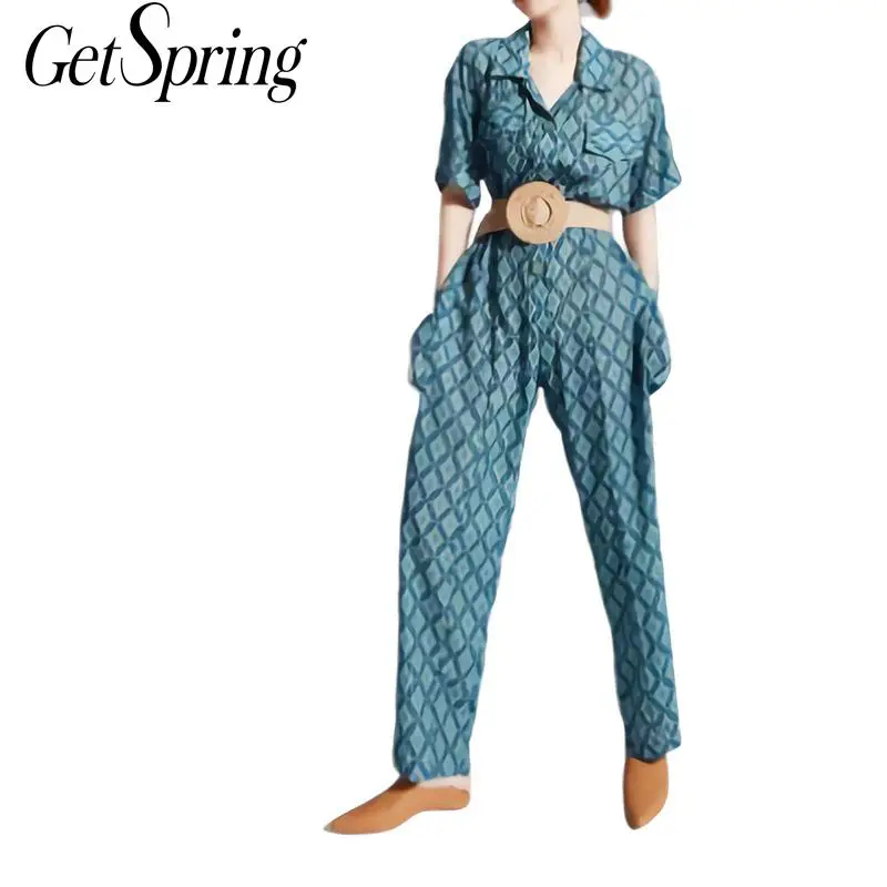 

GETSRING Women Jumpsuit Short Sleeve Print Chiffon Rompers Womens Jumpsuit Drawstring High Waist Long Summer Jumpsuit 2019 New