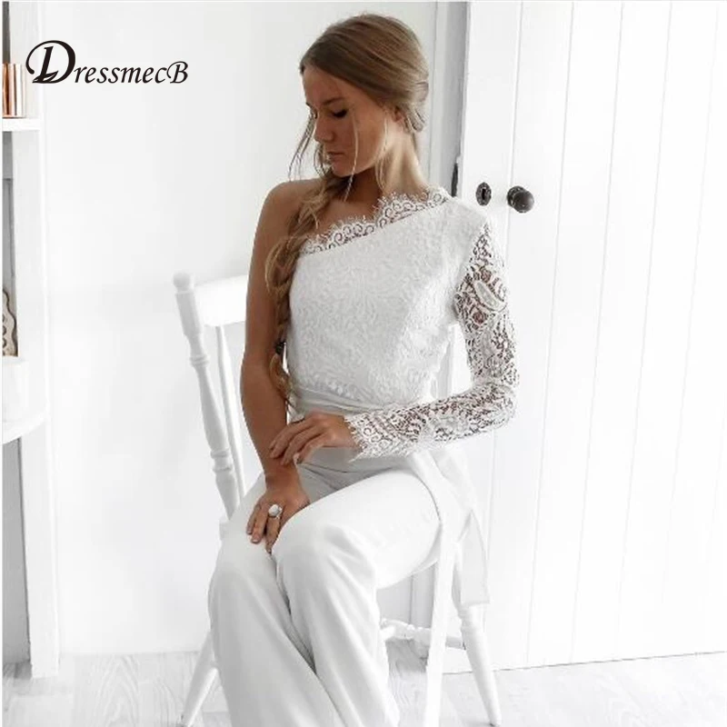 

DRESSMECB Women Sexy One Shoulder Jumpsuits Ladies Elegant Romper Autumn Long Sleeve Overalls Winter Femme Lace Party Playsuits