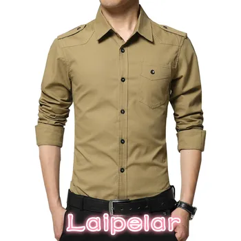

Men's epaulette Shirt Fashion Full Sleeve epaulet Shirt Military Style 100% Cotton Army Green Shirts with epaulets