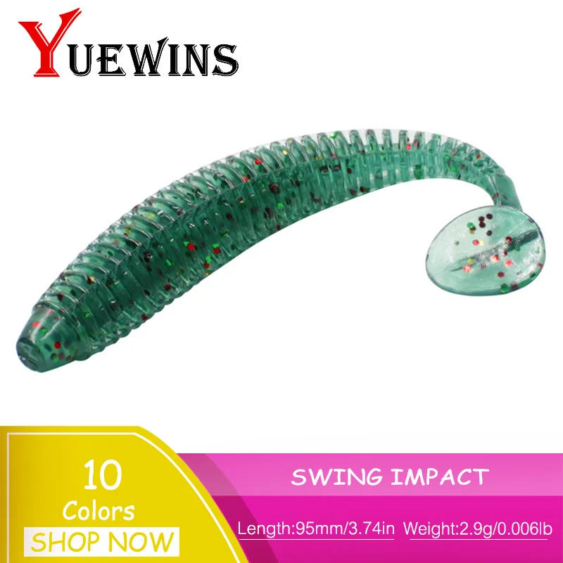 

YUEWINS 10pcs 95mm 2.9g Soft LuresSwing Impact Fishing Lure Artificial Worm Grubs T Tail Silicone Bait salt Smell Bass Pike Fish