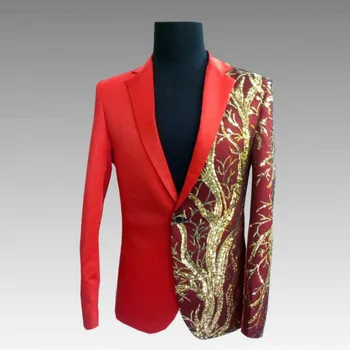 

Europe and the United States new men's suit bar DJ rock punk black gold tree sequins Korean version of the slim suit