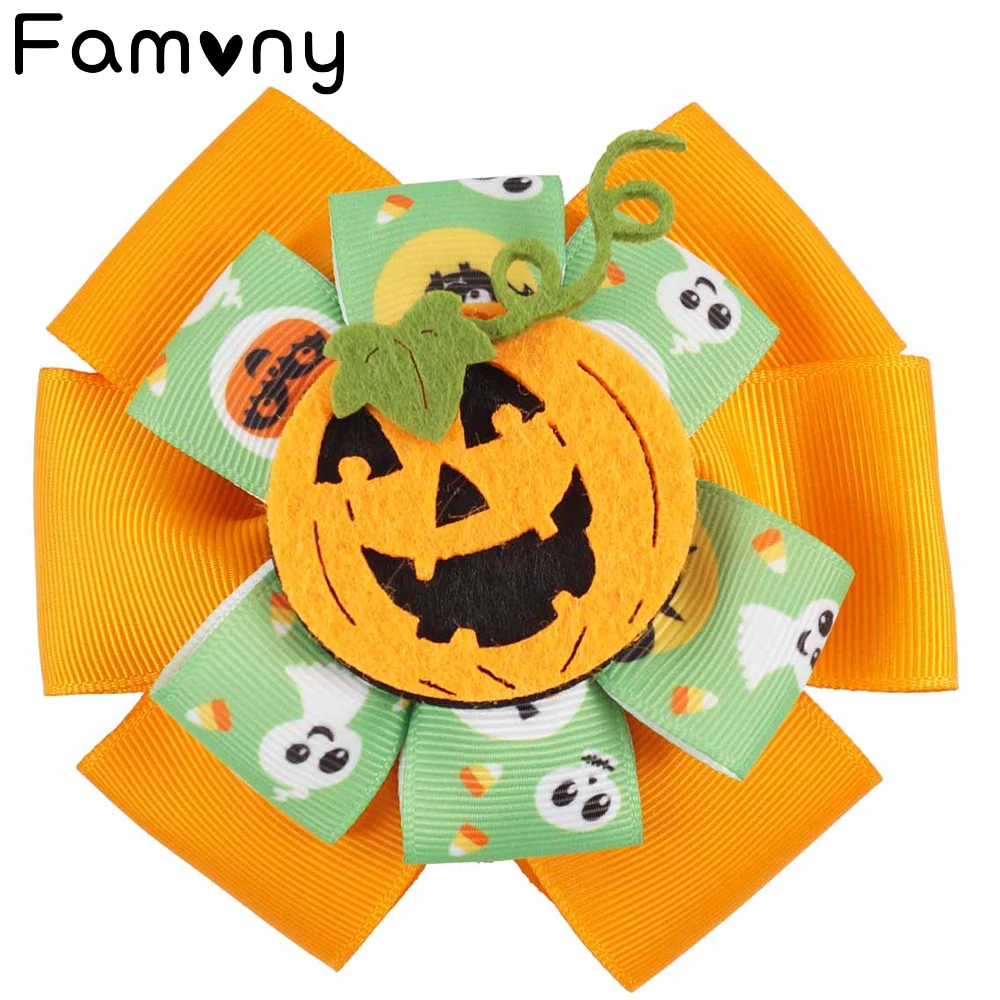 

2pcs/lot 4.5"Cute Halloween Hair Bow With Pumpkin Smile Dot Printed Ribbon Two Layers Hairgrips Hair Accessories For Girls