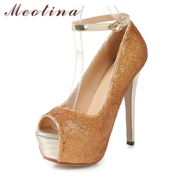 

Meotina High Heels Women Pumps Glitter Platform Stiletto High Heels Sexy Peep Toe Ankle Strap Bridal Shoes Sliver Big Size 43