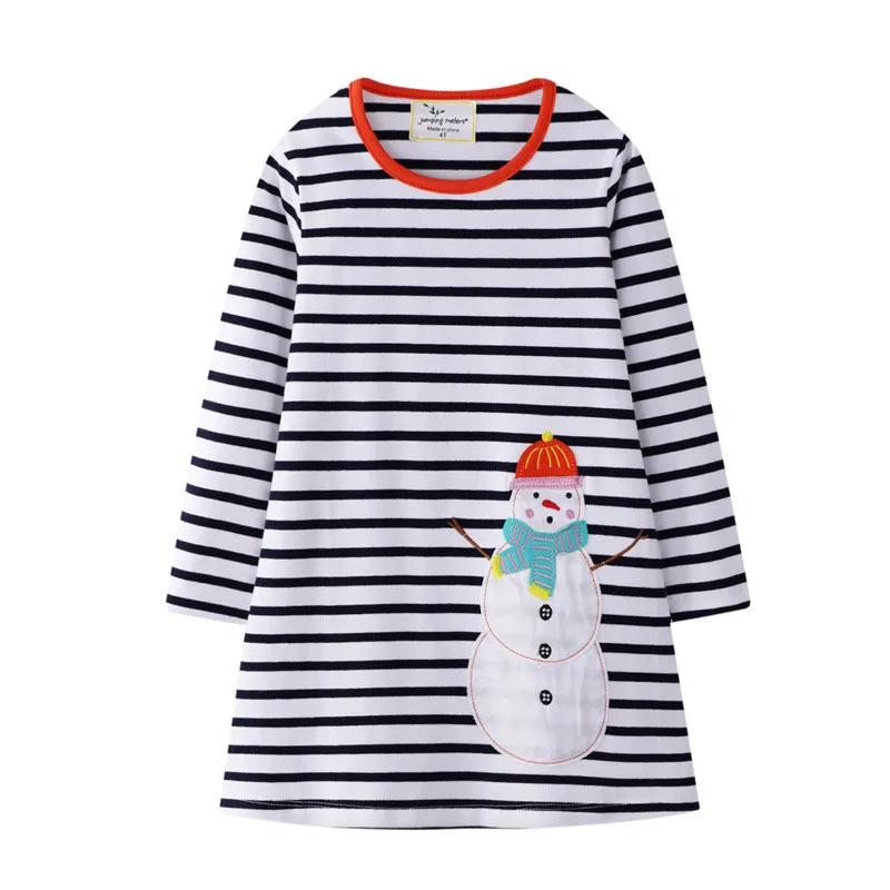 Jumping meter/платья принцессы с аппликацией; одежда с длинными рукавами для маленьких девочек; хлопковая праздничная одежда; Детский костюм платье-пачка в полоску - Цвет: T7110 snowman