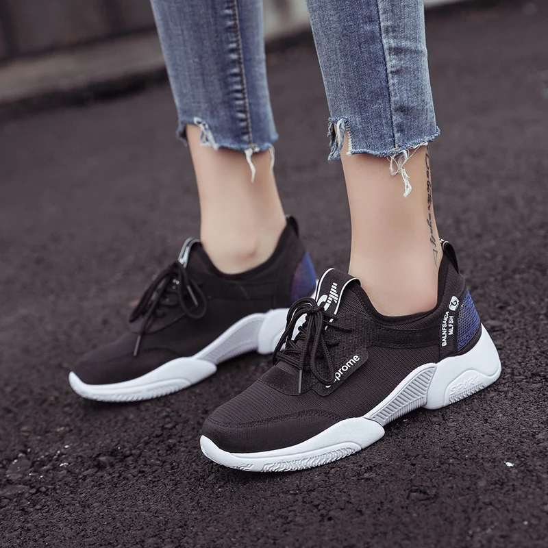 

2019 Spring New Casual basket femme Mesh sneakers Med heels breath Leisure Footwears lace-up Damping espadrilles ladies shoes