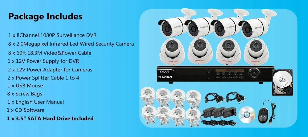 SUNCHAN 8ch 1080P AHD-H DVR 8 шт HD 2.0MP 1080P In/наружная камера безопасности DVR комплекты CCTV домашняя система видеонаблюдения w/HDD