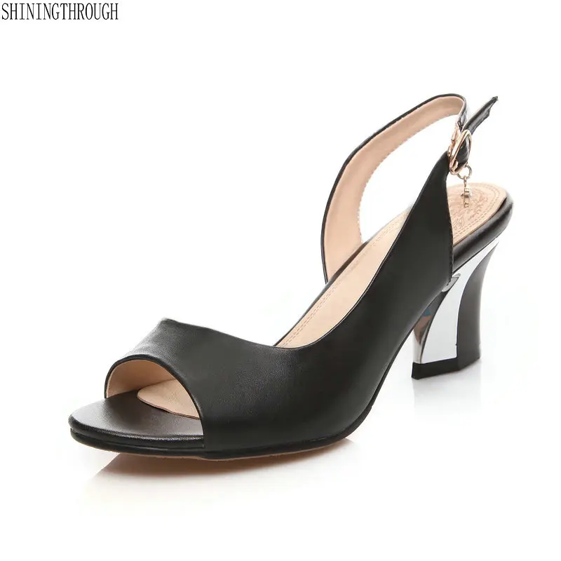 

New Women Sandals Genuine Leather Summer 6cm high heels Sandals Women Shoes Sandals Black Red white Plus Sizes 34-44