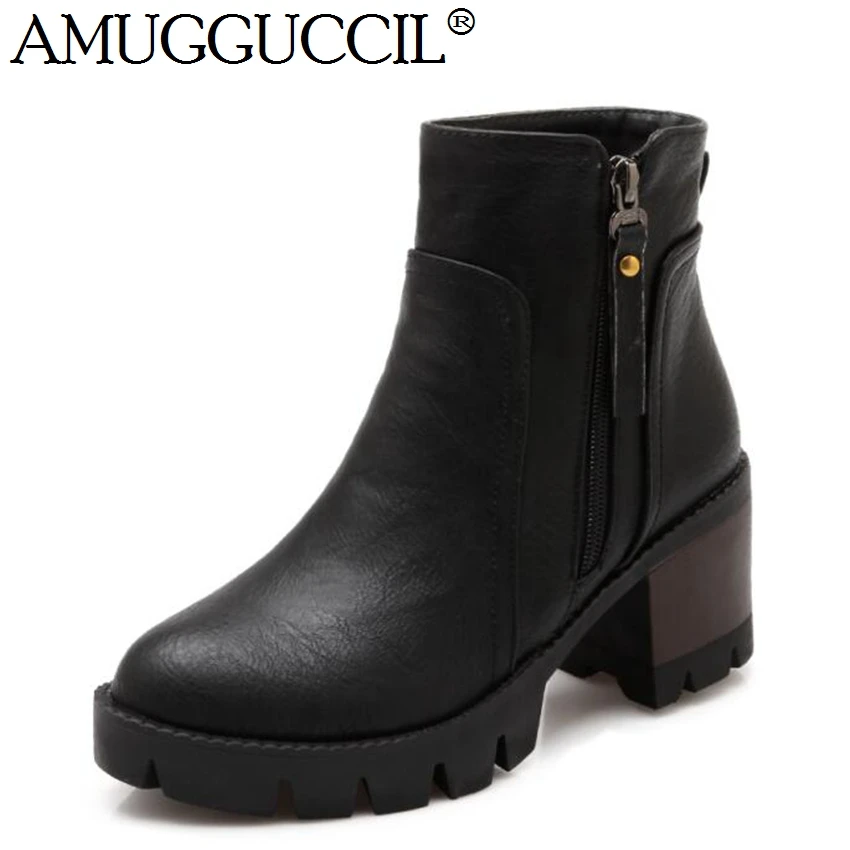 

2017 New Plus Big Size 34-43 Black Yellow Beige Gray Zip Fashion Spring Autumn Mid Heel Lady Female Girl Women Ankle Boots X1290