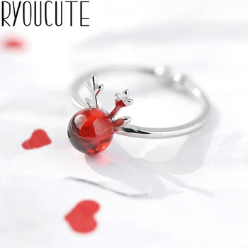 

Retro Vintage Silver Color Red Crystal Deer Rings for Women Engagement Jewelry Adjustable Finger Rings Anillos 2019