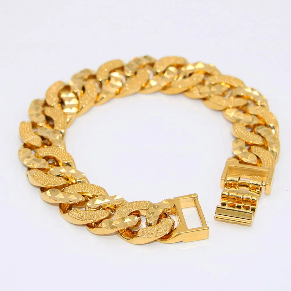 

Cool Bracelet Chain for Man Yellow Gold Filled Men's Bangle Carved Curb Cuban Link 14mm,7.28"