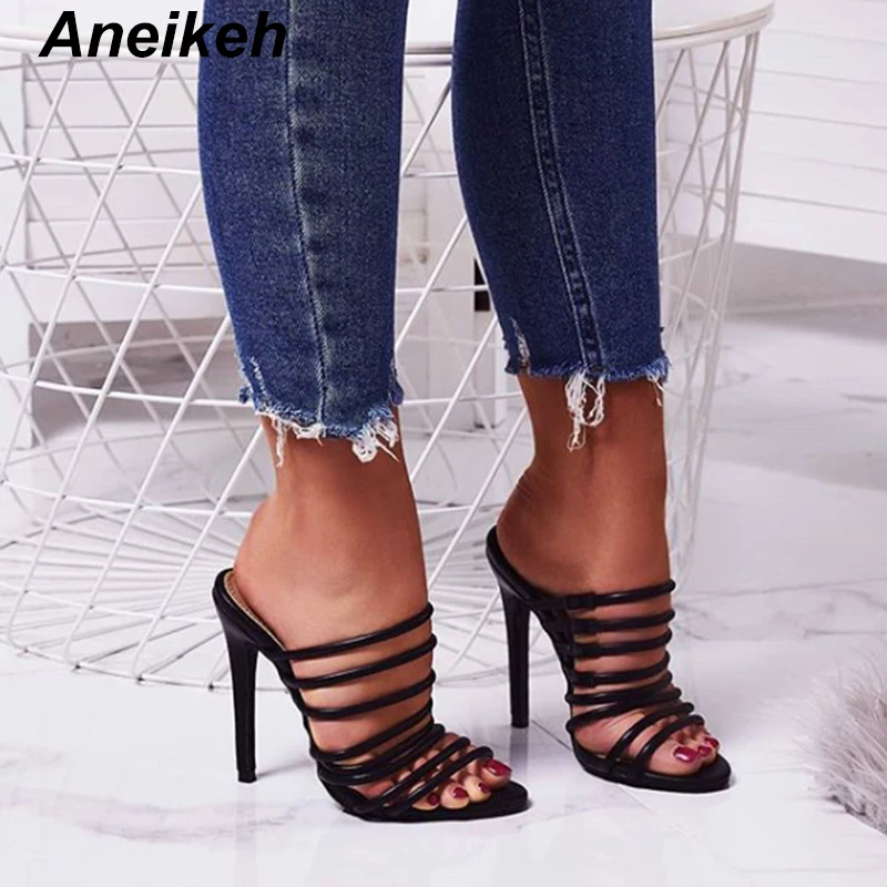 

Aneikeh 2019 Summer New Fashion Sexy Patent Leather Shallow Slippers Woman Peep Toe High Heels Shoes Black Apricot Size4-9