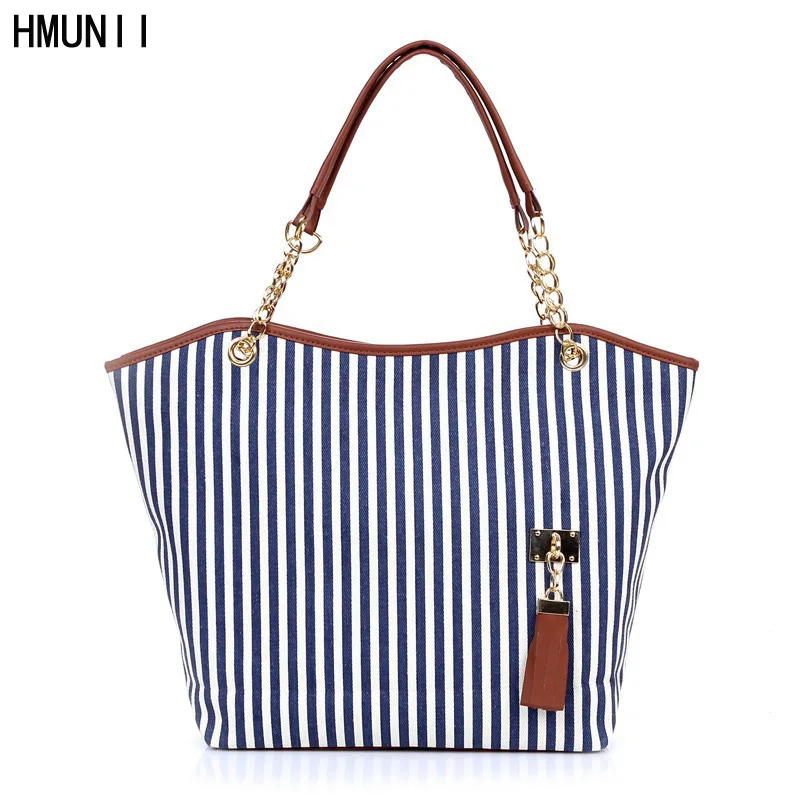 

HMUNII Striped Casual Tote Women Canvas Handbag Casual Single Shoulder Shopping Bags Beach Zipper Large Bag Sac A Main Bolsa