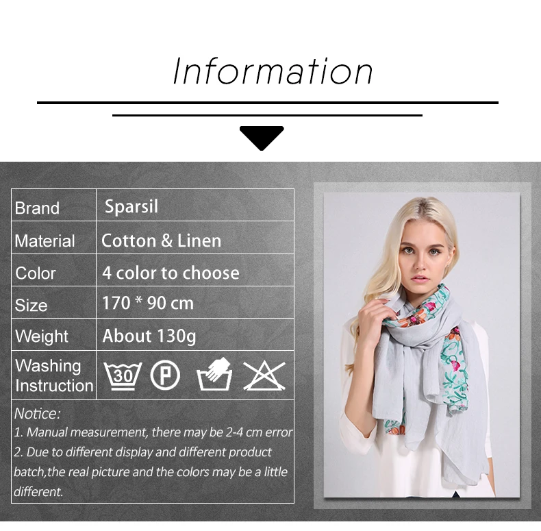 Sparsil Для женщин хлопок; Лен; с вышивкой шарфы на лето и весну платки с цветами все основные матч Пашмина, хиджаб шарф женские обертывания