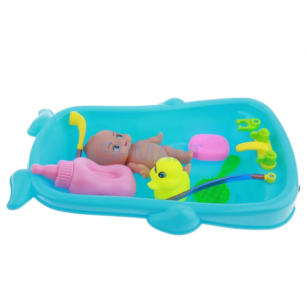 Set of Kid Baby Role Pretend Play Game Taking Care Doll Bath in Bathtub Developmental Educational Water Toy w/ Doll Gift