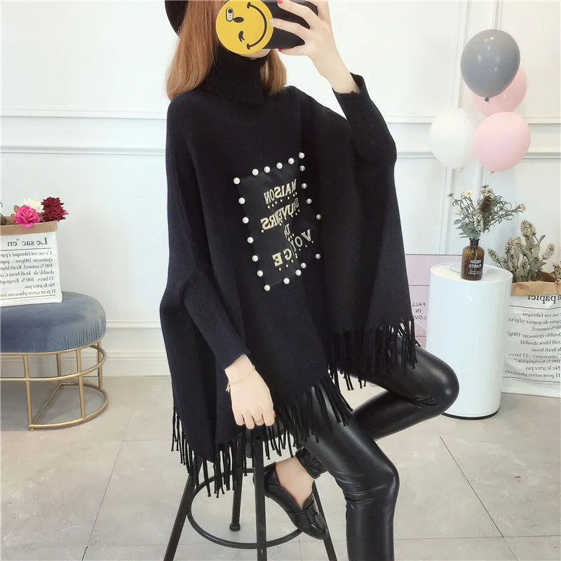 2021 Women Pullover Fashion Beaded Patch Sweater Autumn Winter Warm Wrap Swing Turtleneck Long Sleeve | Женская одежда