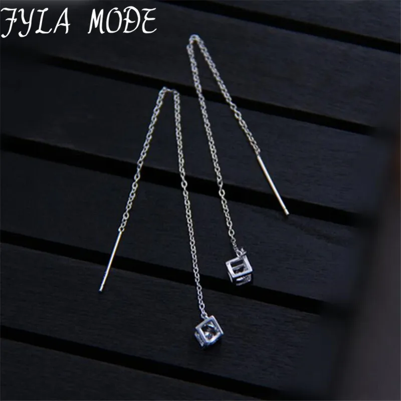 Fyla Mode 2017 New Fashion Magic Square Earrings 925 Sterling Silver Fine Ear Line Long Earring