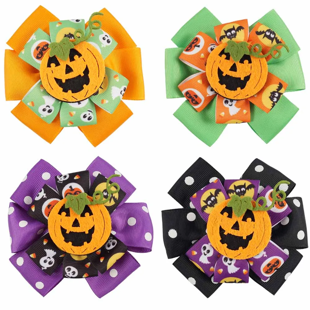 

AHB Cute Halloween 4" Hair Bows for Girls with Smile Pumpkin Dot Printed Ribbon Double-layered Hairgrips Party Hair Accessories