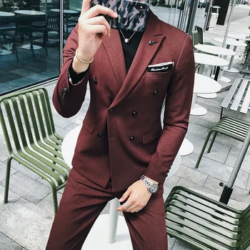 

Suits Slim Fit Men Tuxedo Jaquetas Colete Mens Suits With Pants Chinese Tunic Suit 3 Pieces Retro Double Breasted Prom Wine Red