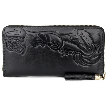 

2019 New Women Purse Black Long Wallet Genuine Leather Embossing Lady Coin Wallet Fashion Female Day Clutch Card Pockets