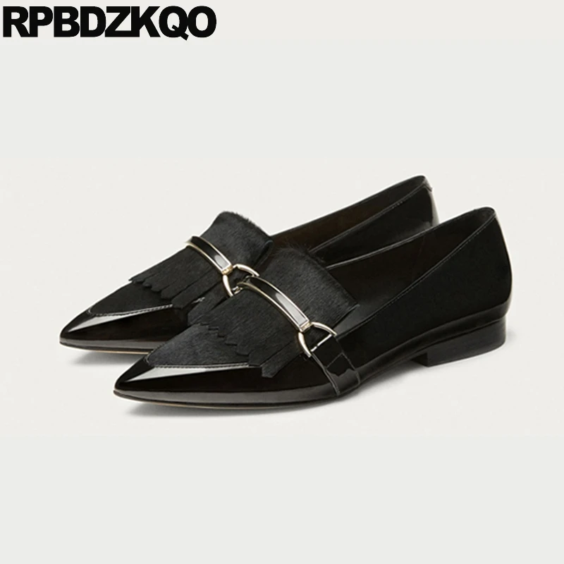 

Party Flats Latest China Patent Leather Fashion Loafers Tassel Pointy Metallic Black Women Dress Shoes Fringe Spring Horsehair