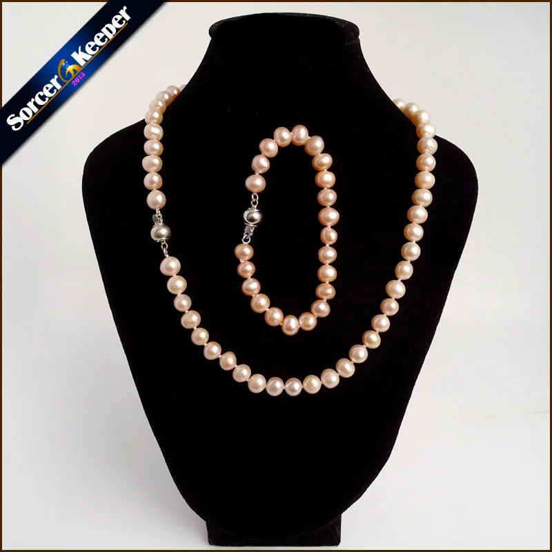 

7-8 mm Real Natural Round Freshwater Gold Pearl Necklace Bracelet Jewelry Sets For Women Party & Wedding Jewlery Christmas Gift