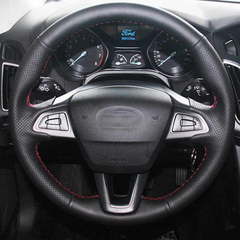 

Free Shipping High Quality cowhide Top Layer Leather handmade Sewing Steering wheel covers protect For Ford Kuga/Focus