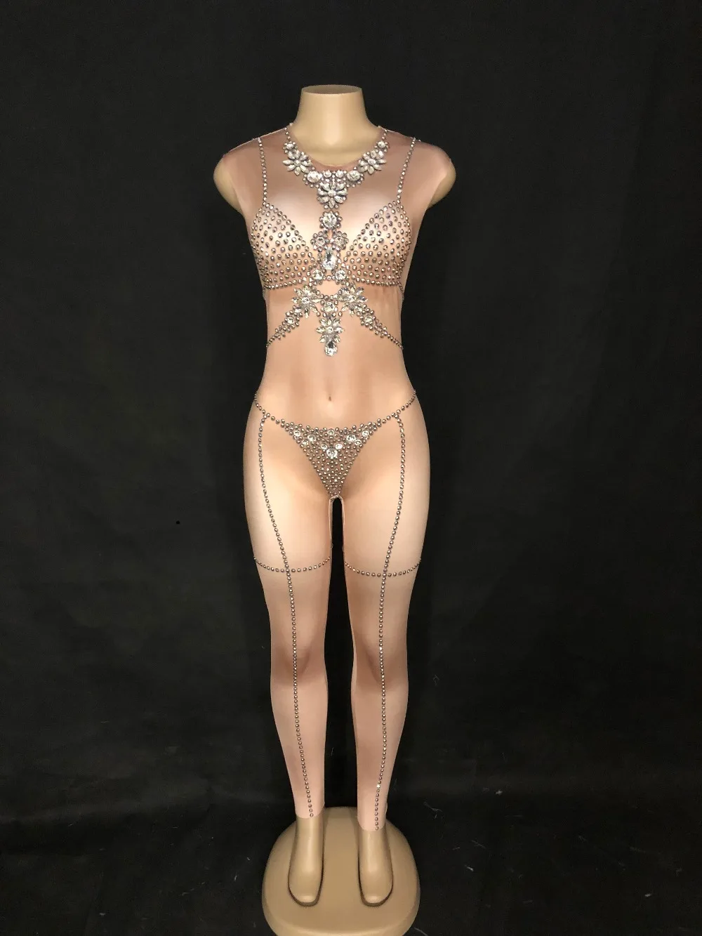 Mousseux Costume Cristaux De Body Couleur Théâtrale La Sans Jumpsuit Sexy Femmes Peau Parti Djds Stade Discothèque Représentation Manches Salopette Danse xnqwpUvwC