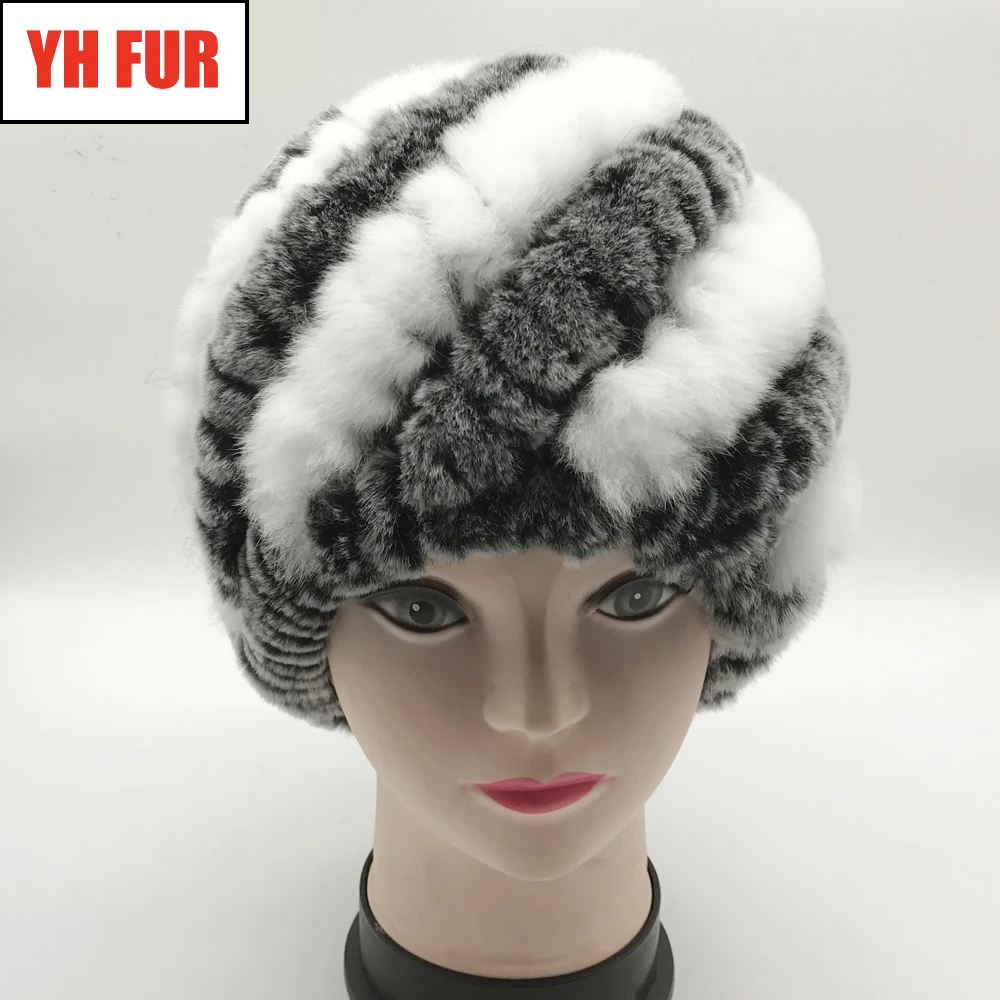 

Hot Sale Good Elastic Real Rex Rabbit Fur Beanies Hat Women Knitted Striped Natural Rex Rabbit Fur Caps Winter Warm Real Fur Cap