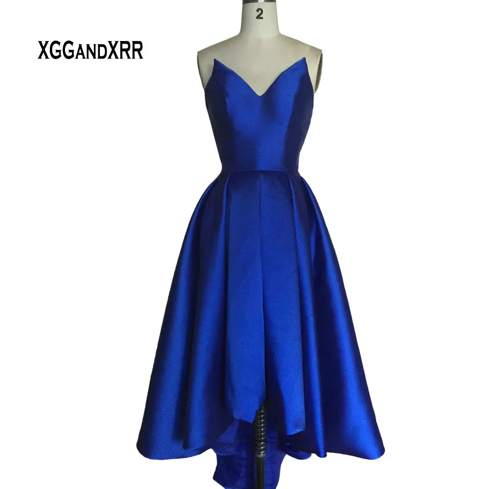 Элегантный насыщенного синего цвета с v-образным вырезом Асимметричный Подол пикантное платье для выпускного с открытыми плечами до колена с открытой спиной вечернее платье атласное официальная Вечеринка платье - Цвет: Синий
